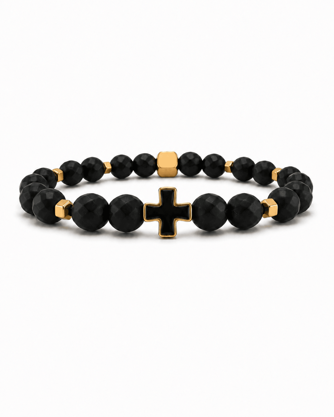MEN'S BRACELET WITH FACETED ONYX, HEMATITE AND CROSS WITH ENAMEL