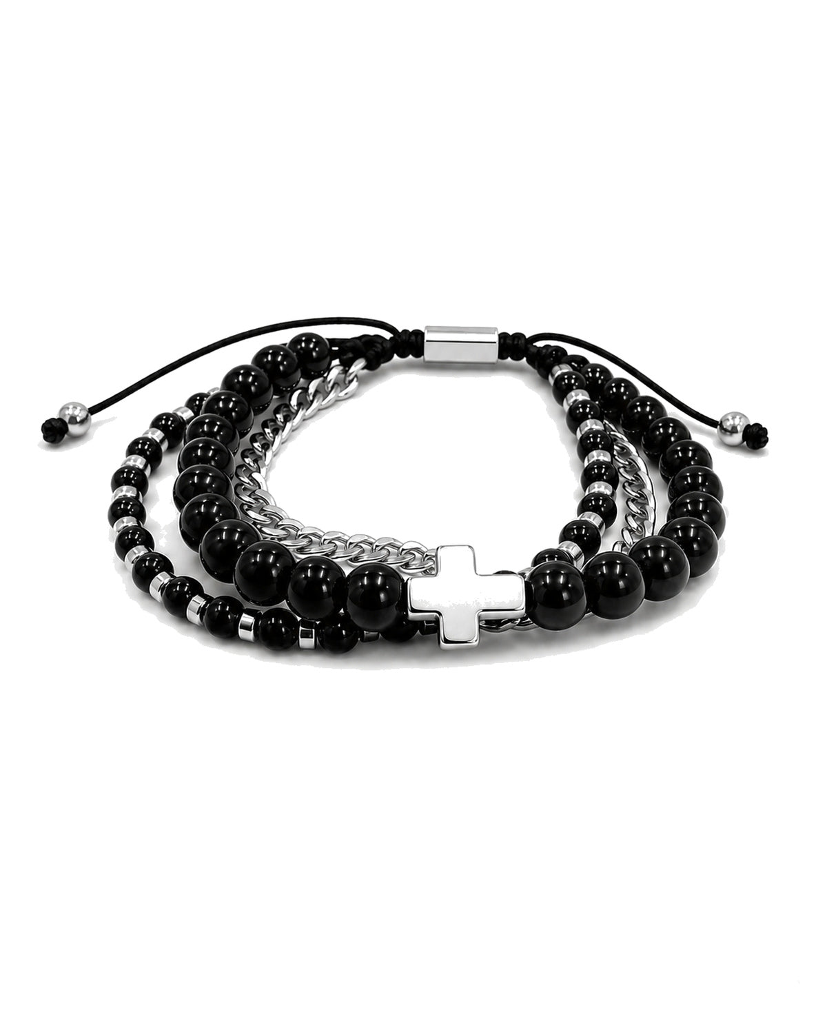 men's three-strand bracelet with polished onyx, hematite, steel chain and steel cross