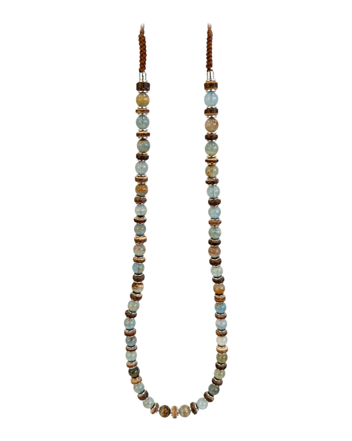 men's necklace with blue calcite, hematite, stainless steel and coconut shell