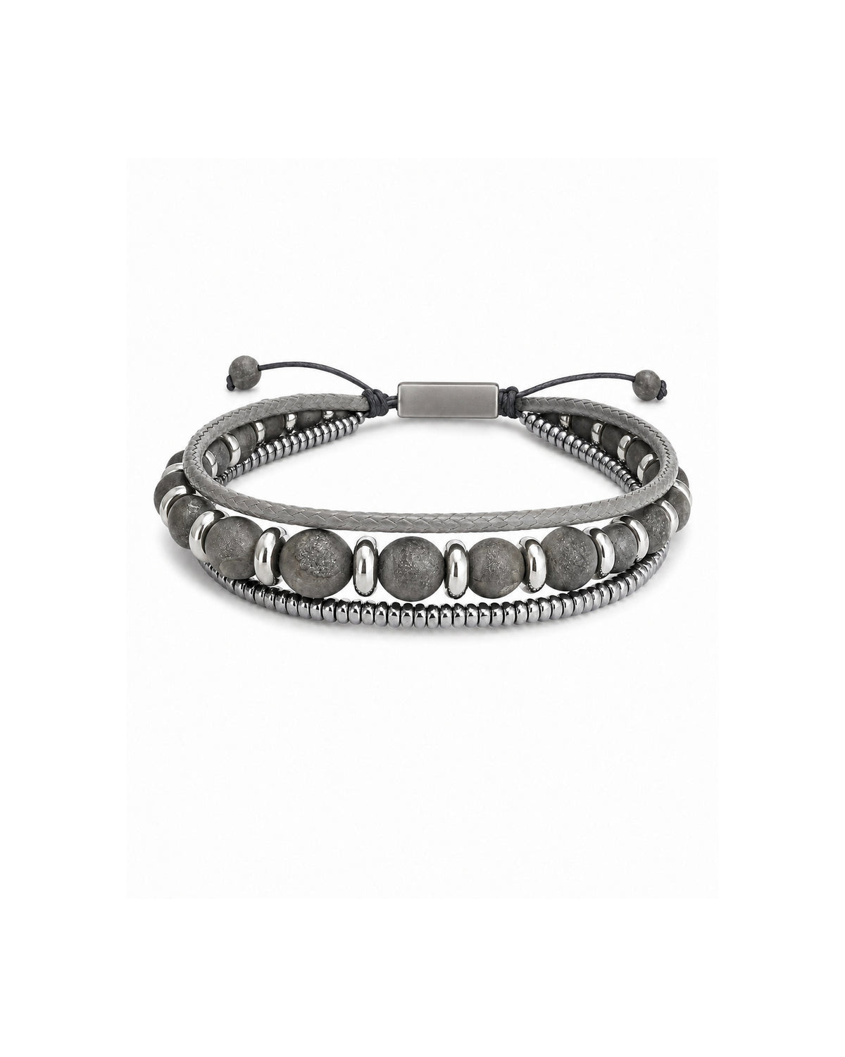 men's bracelet with druzy agate, hematite and grey cord