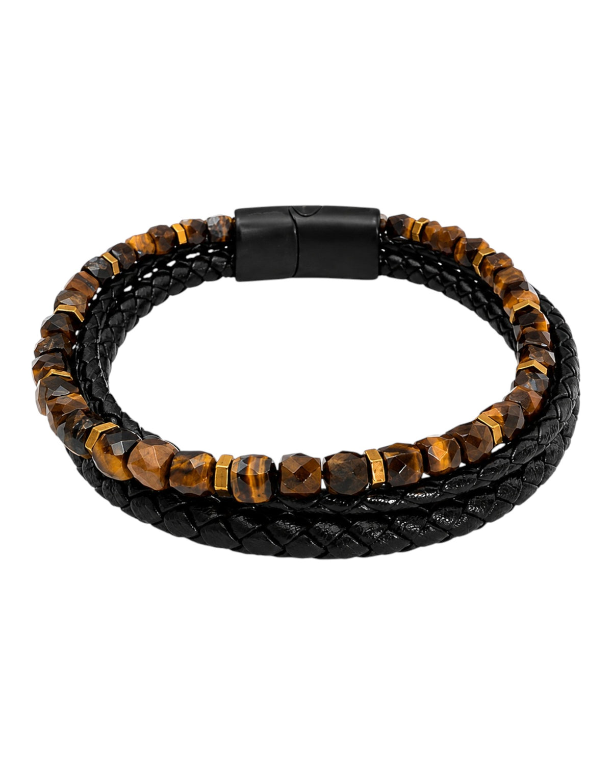 men's three-strand leather bracelet with braided cord, tiger's eye and hematite