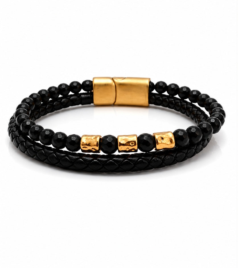 men's double-strand black and gold leather bracelet
