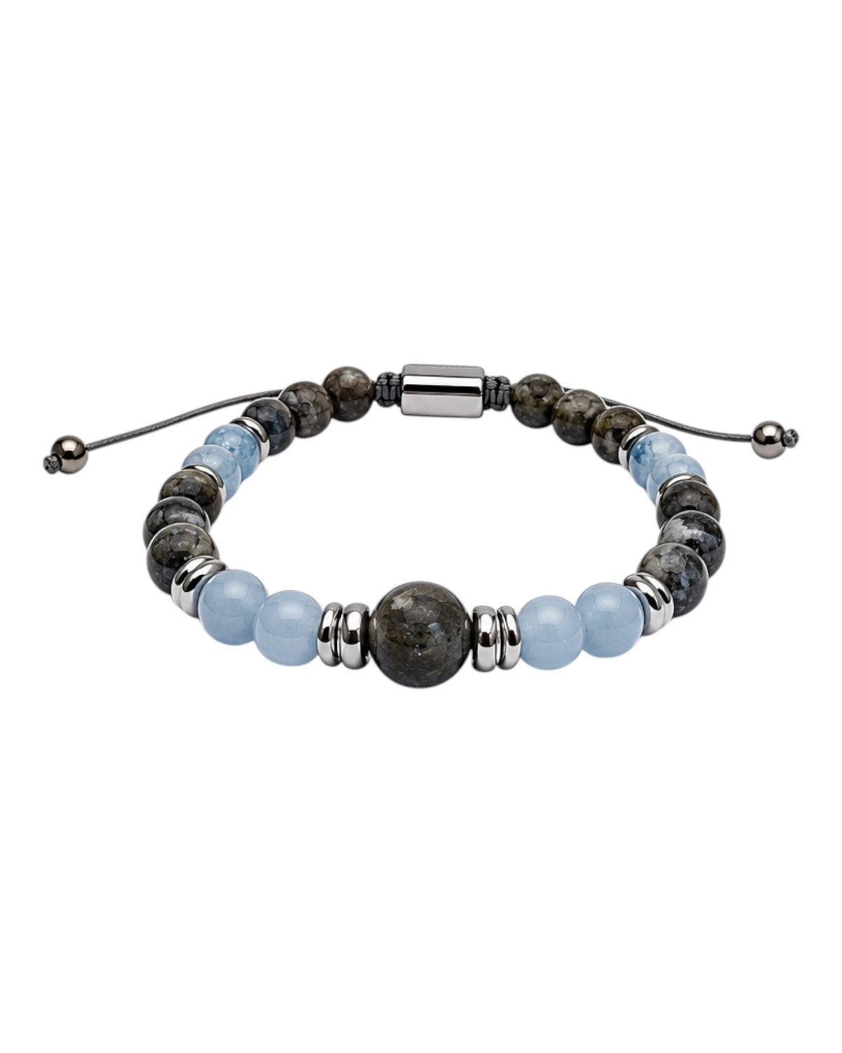 men's bracelet with larvikite, angelite and silver hematite flake
