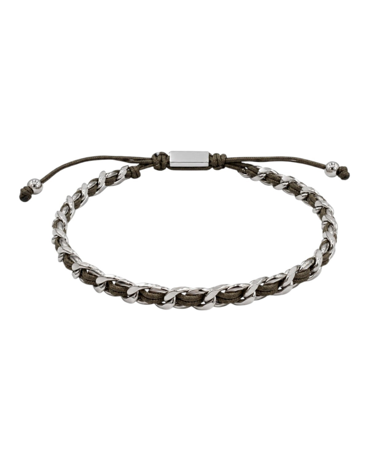 men's bracelet with silver-colored steel chain and khaki cord