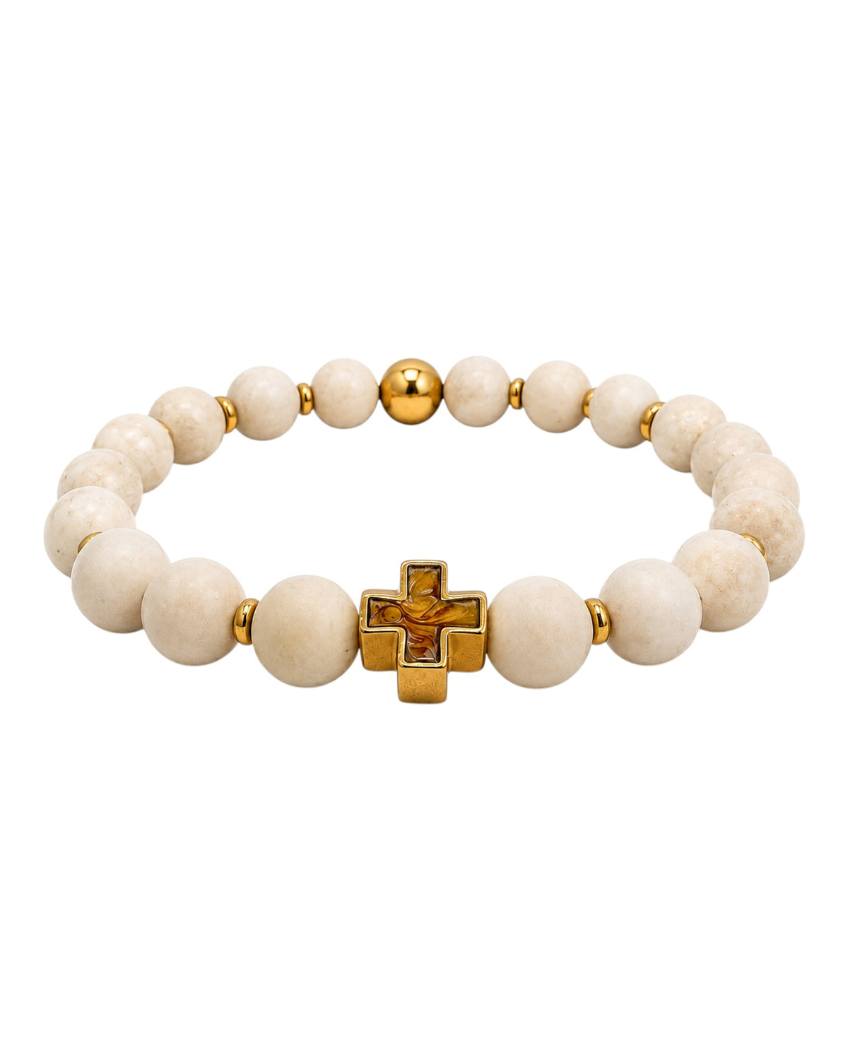 men's bracelet with river stone, steel spacers and enamel cross