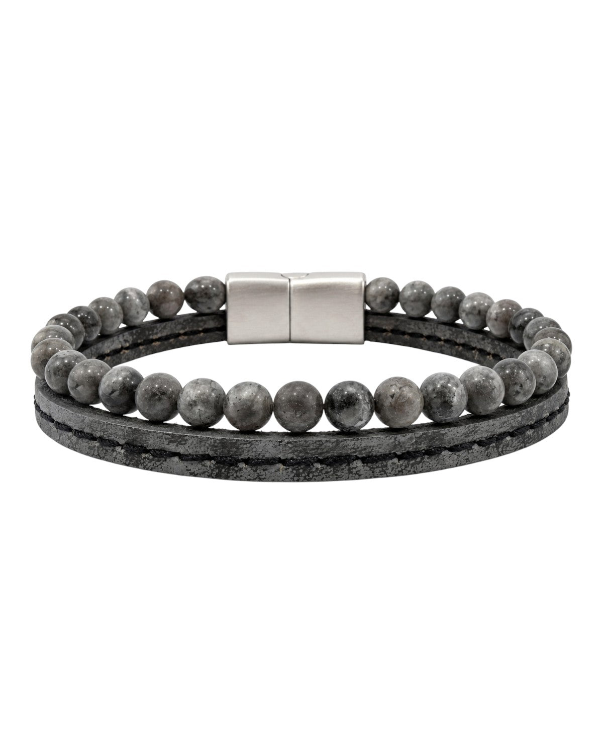 men's double-strand grey leather bracelet with agate and matte larvikite