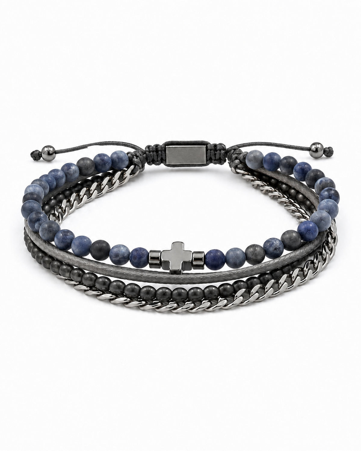men's multi-strand bracelet with hematite, agate and steel chain