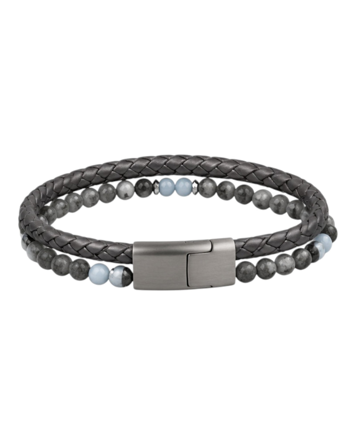 men's double-strand grey leather braided bracelet with larvikite and hematite