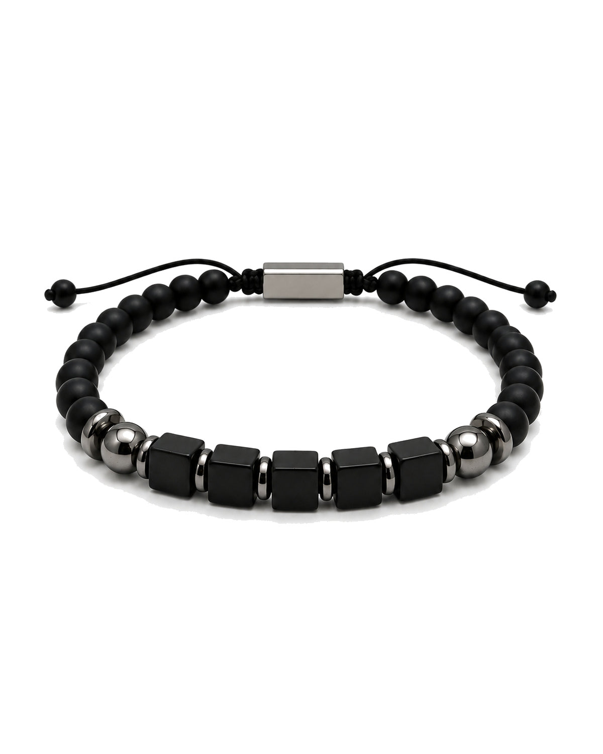 men's bracelet with onyx, steel components and square polished agate