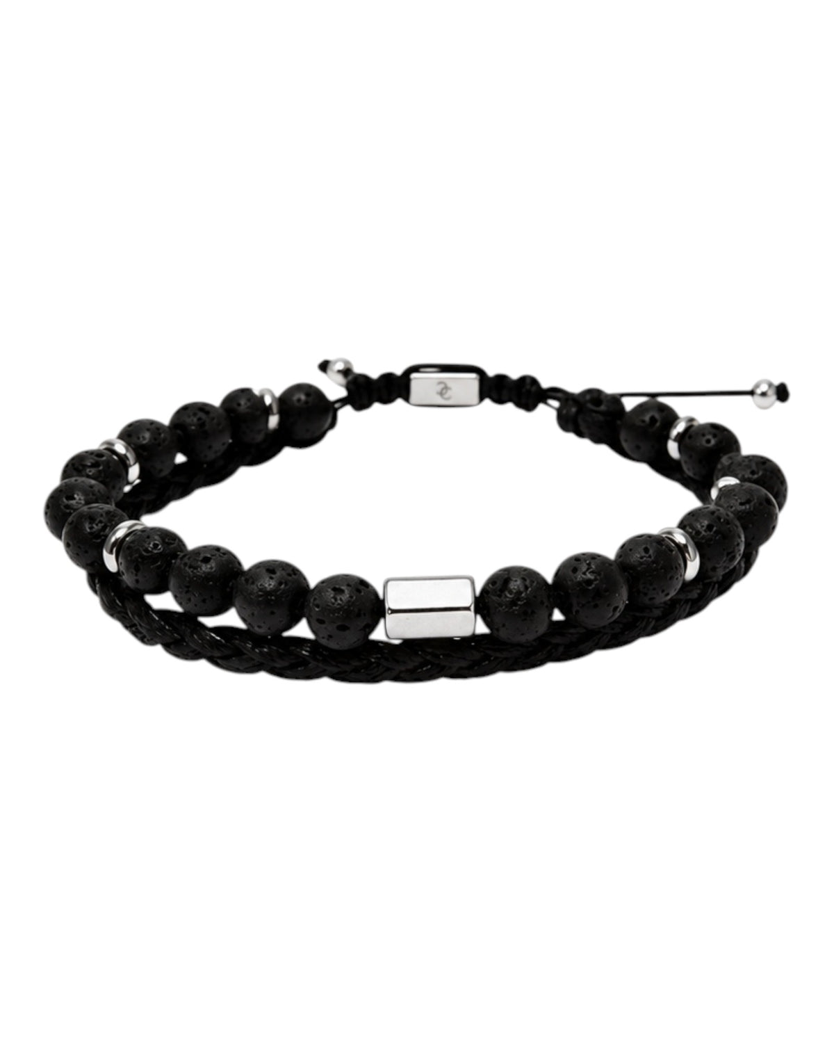 men's double-strand bracelet with lava stone, steel spacers and faceted hematite