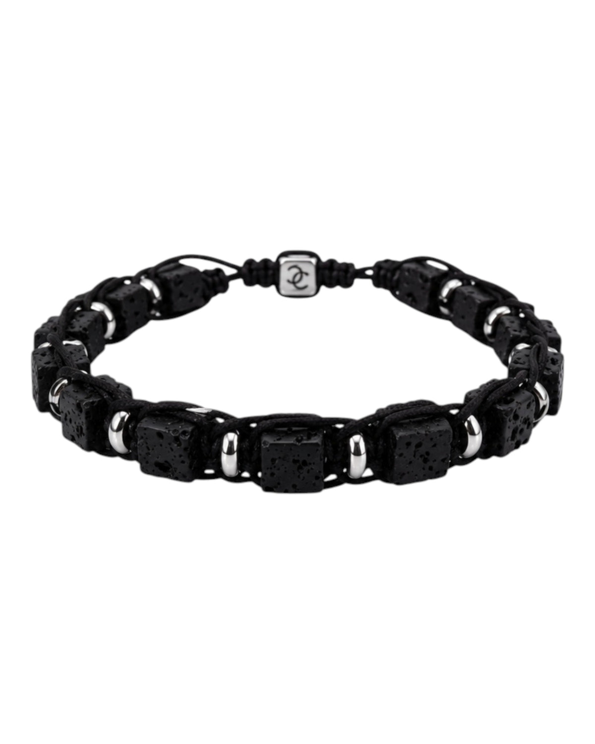 men's bracelet with square lava stone and steel components in braided cord