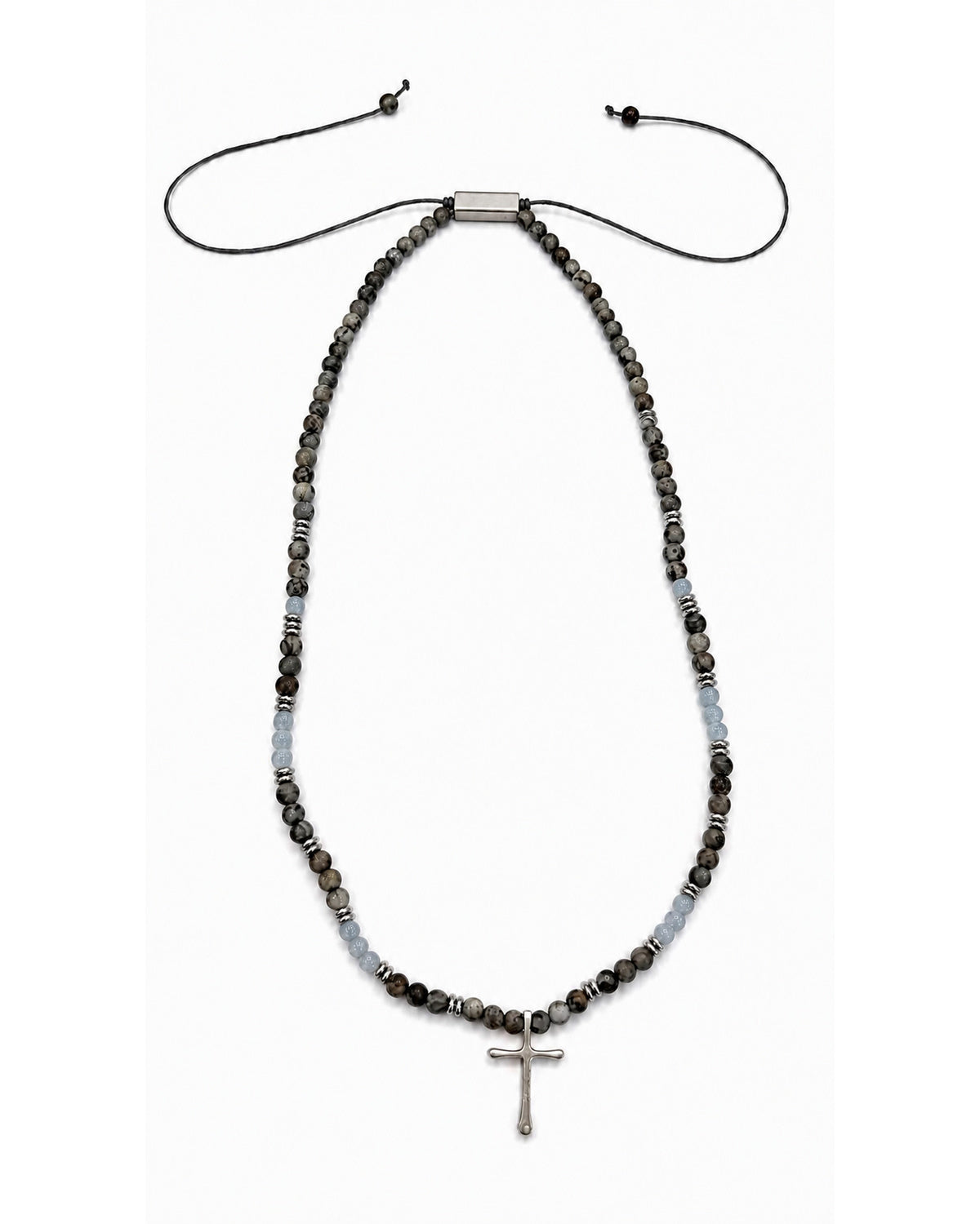 men's necklace with larvikite, angelite and silver-colored steel cross