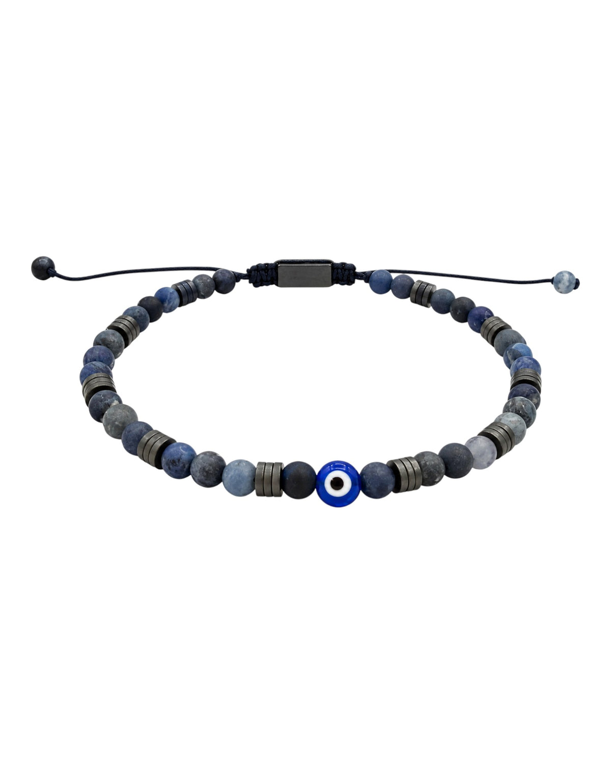 men's bracelet with blue agate, center evil eye bead and matte grey hematite spacer
