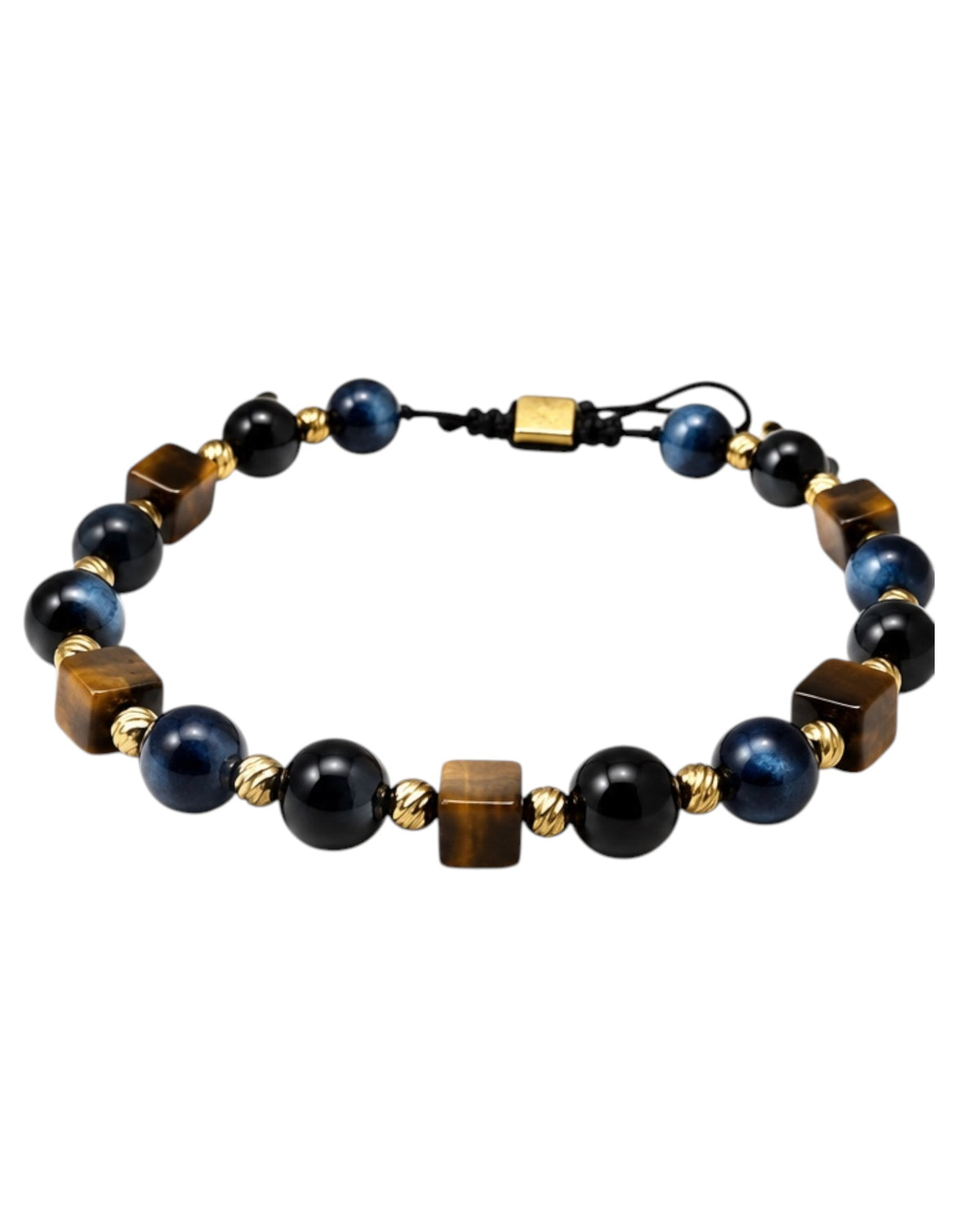 men's bracelet with cat eye blue, tiger's eye and steel details