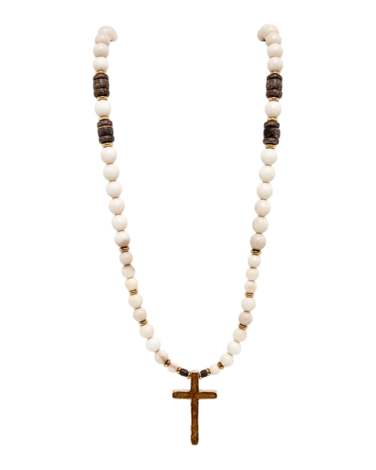 men's necklace with river stone, coconut shell, steel spacers and enamel cross