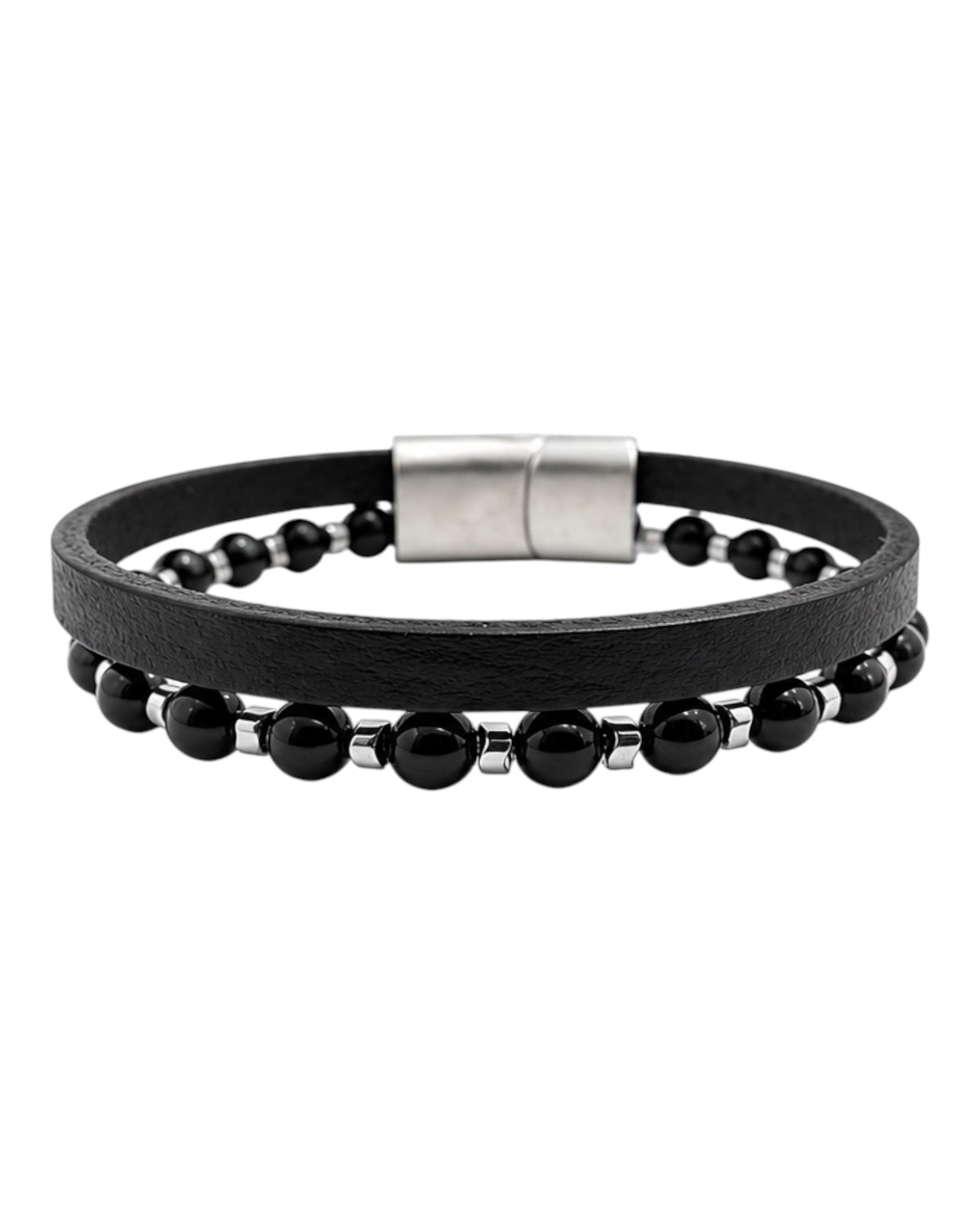 men's leather bracelet with onyx, hematite and flat black leather