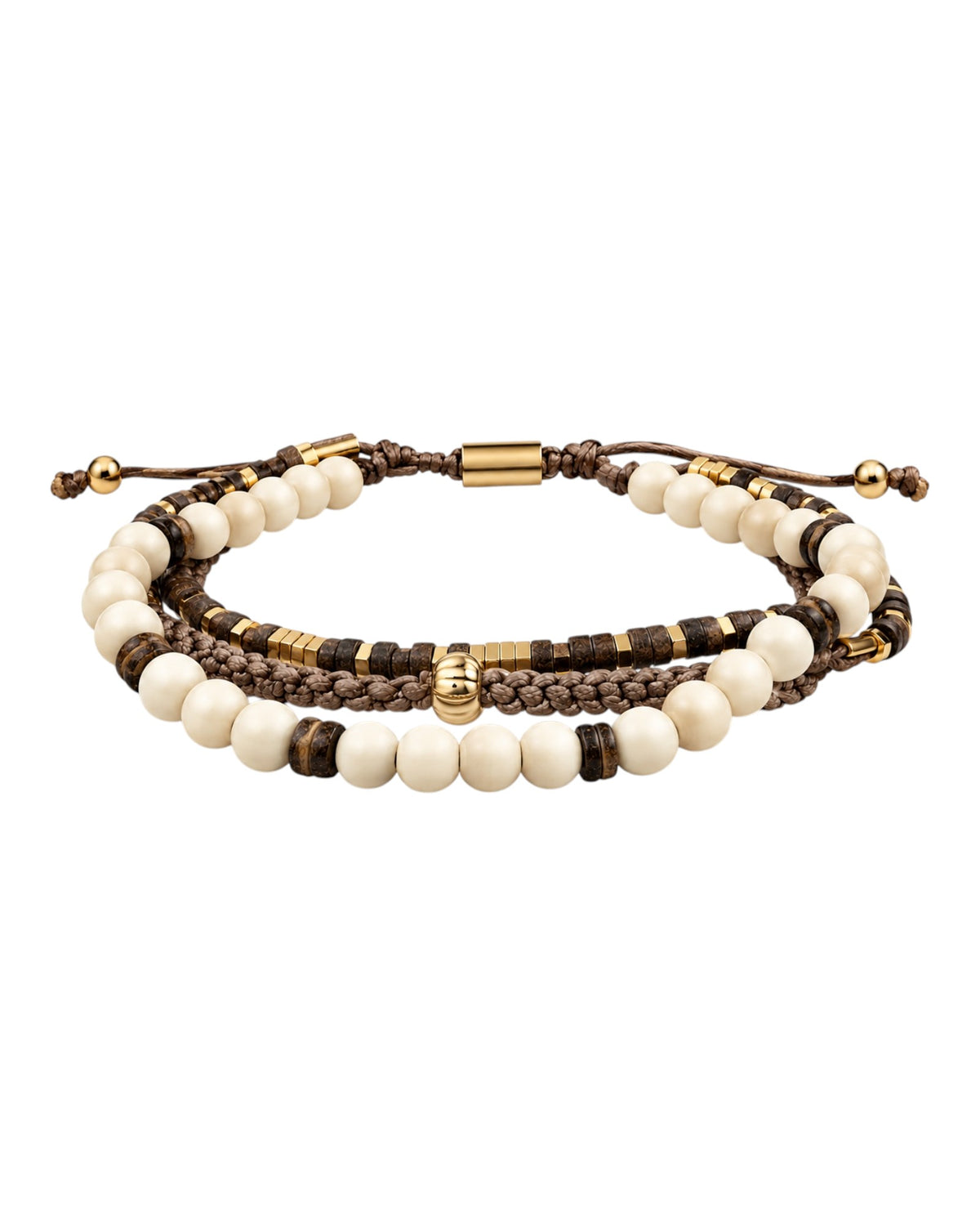 men's three-strand bracelet with river stone, coconut shell and hematite
