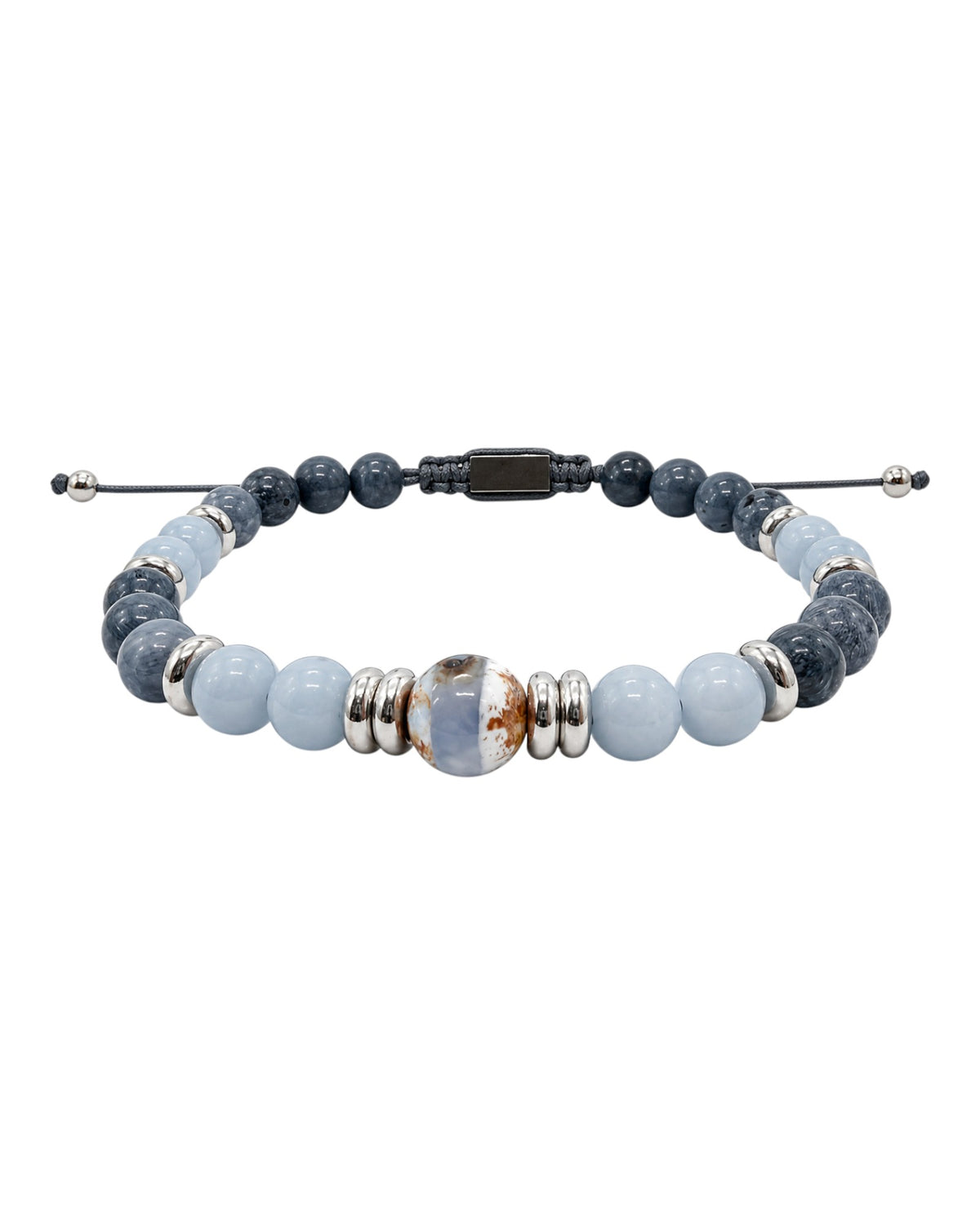 men's macramé bracelet with blue angelite and blue coral