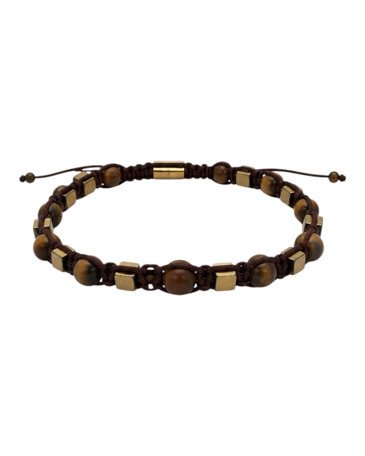 men's macramé bracelet with matte tiger's eye and square gold hematite