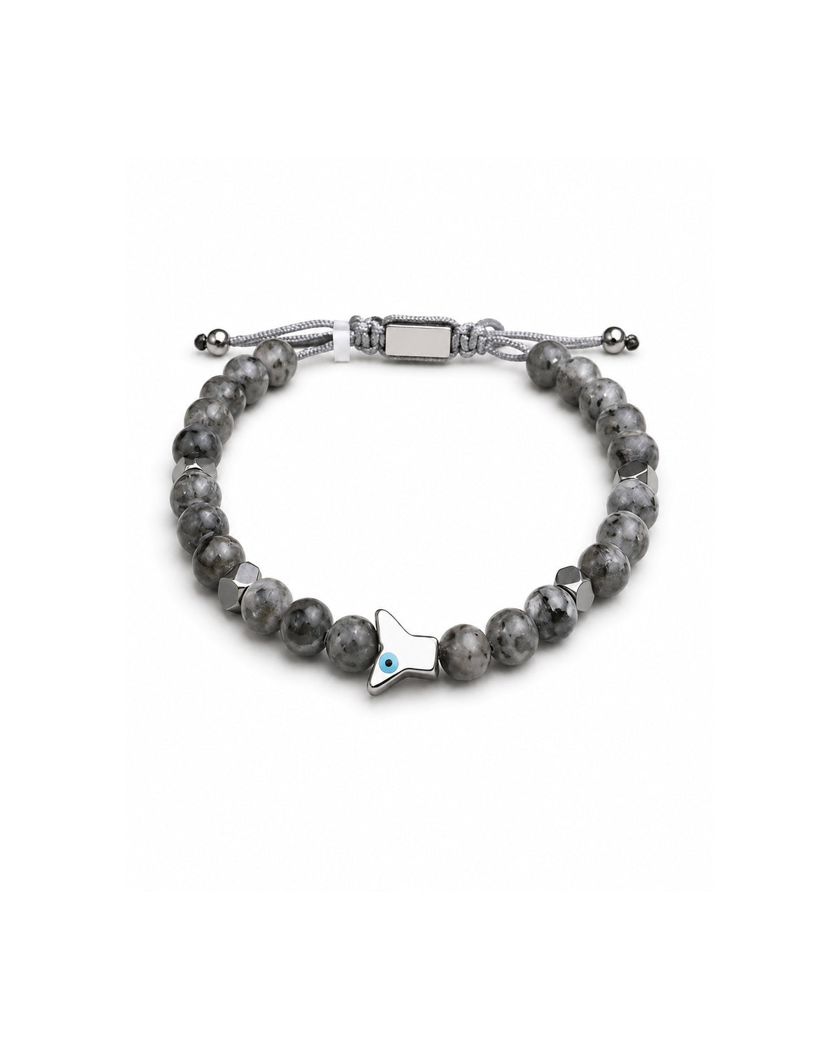 men's bracelet with larvikite and steel evil eye fish charm