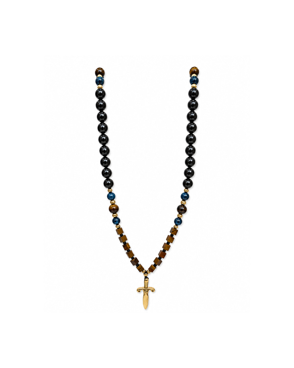 men's necklace with tiger's eye, cat eye blue,onyx and sword pendant