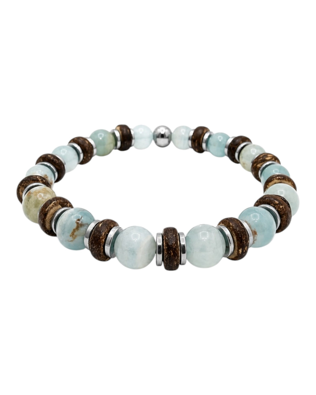 men's bracelet with blue calcite, hematite spacer and coconut shell