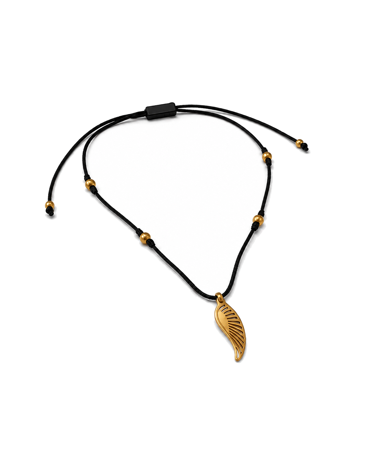 men's necklace with black cord, gold-colored steel beads and feather pendant