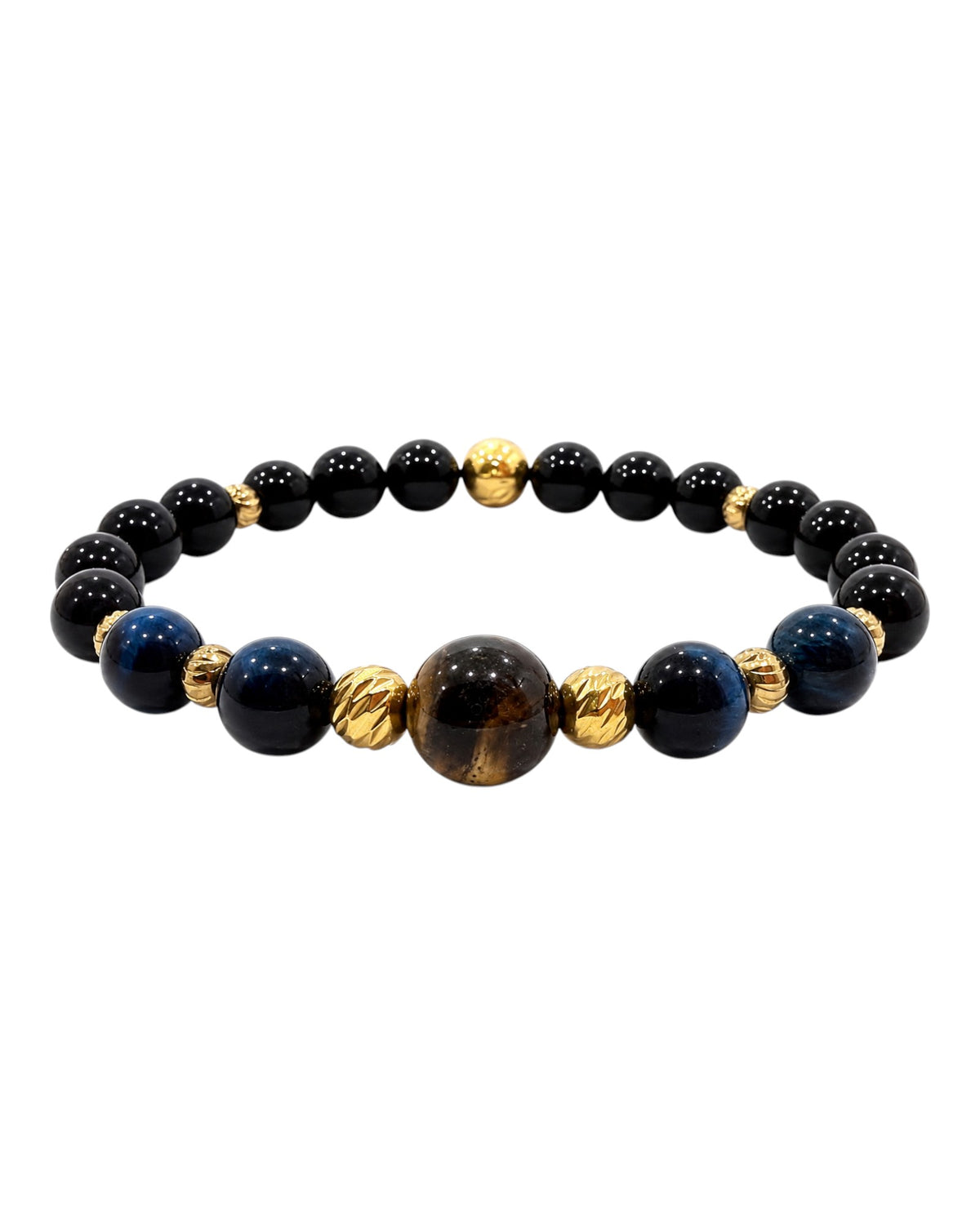 men's bracelet with tiger's eye, cat eye blue,onyx and steel details