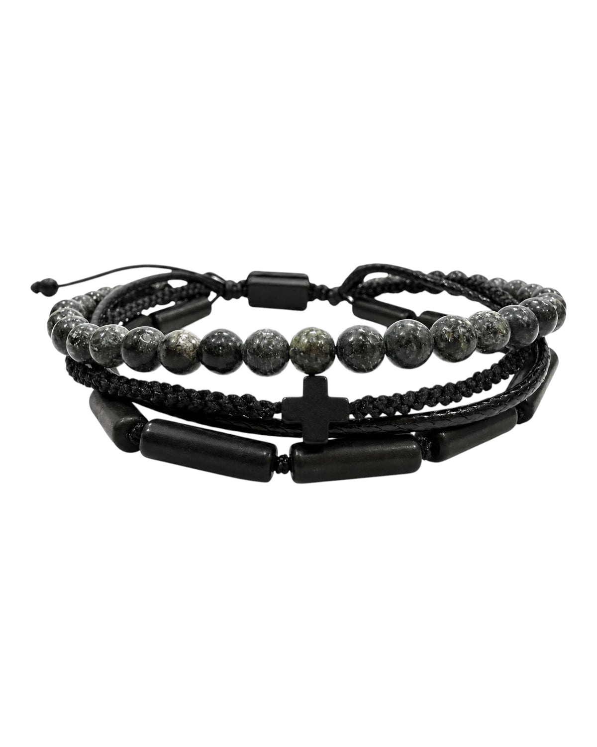 men's multi-strand bracelet with green agate, braided cord and cross