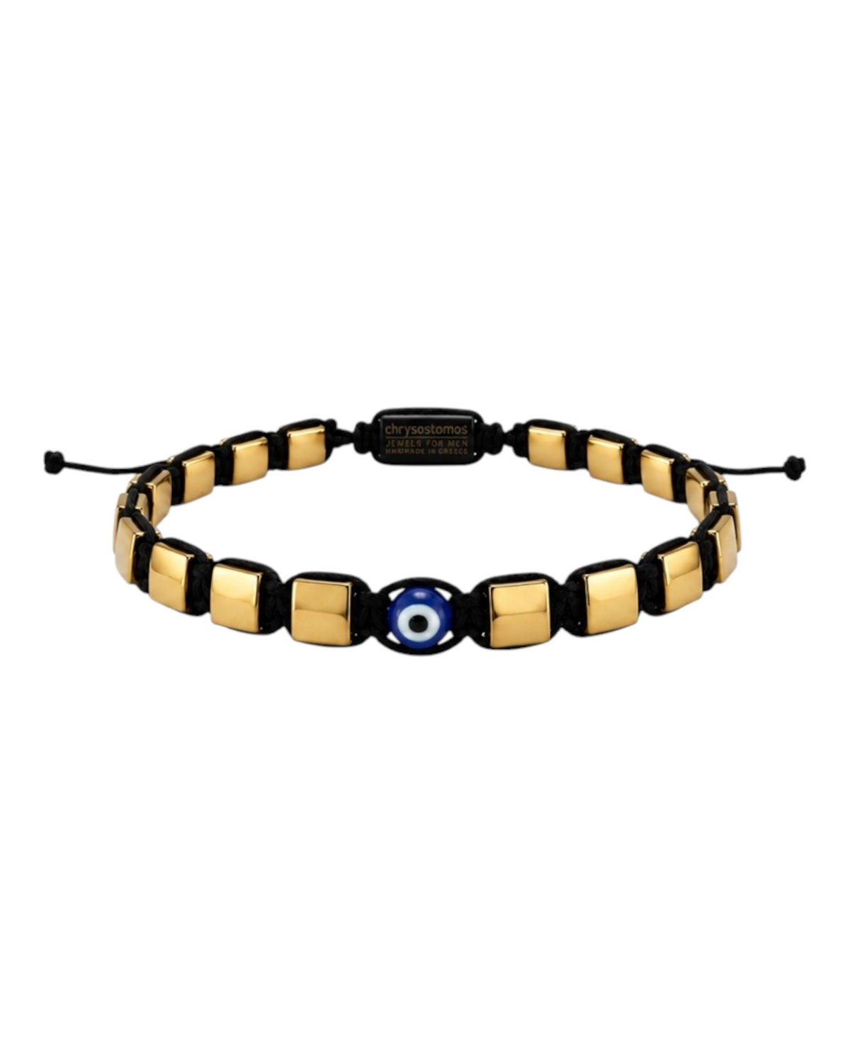 men's bracelet with square flat gold hematite, blue glass evil eye bead, in braided cord