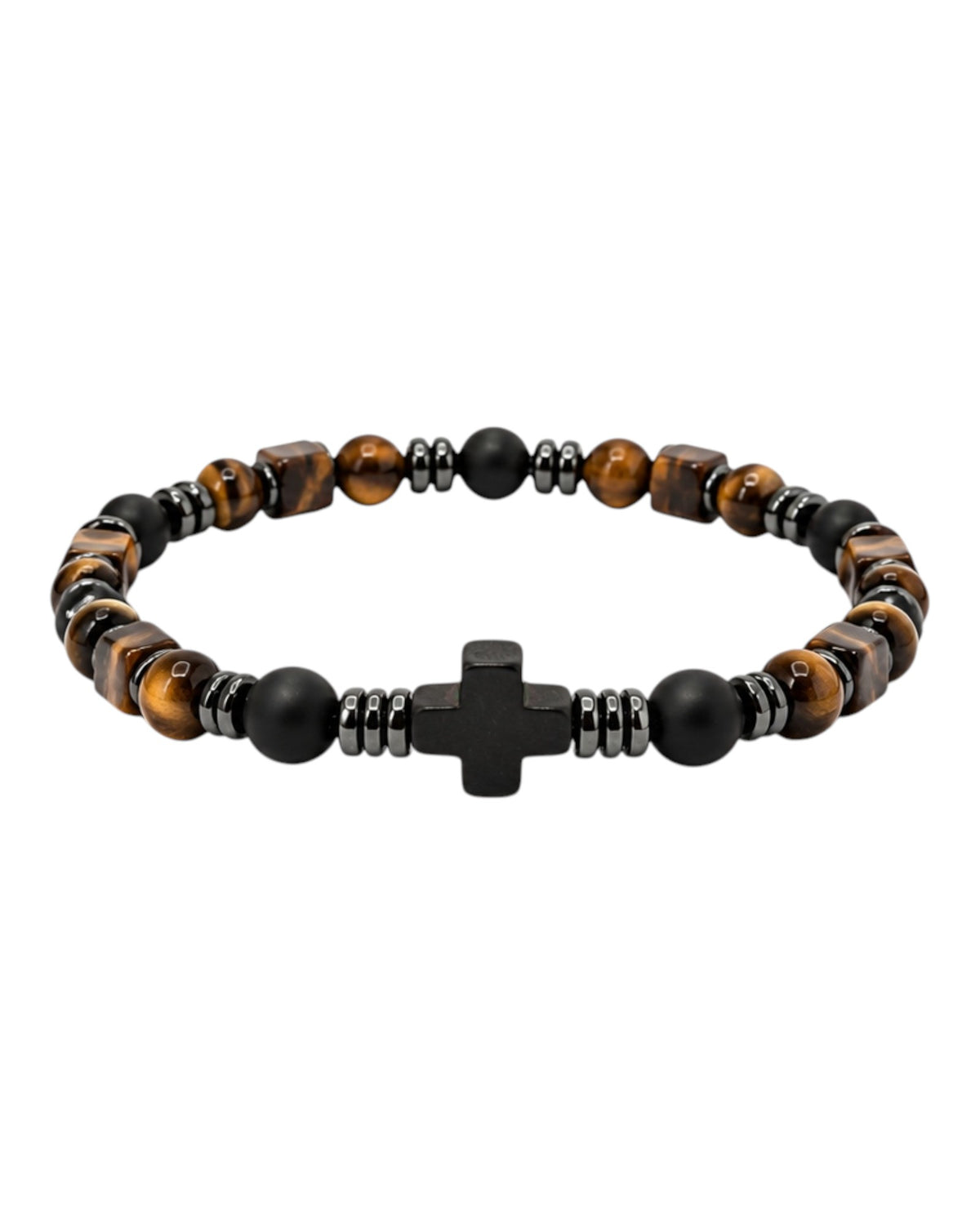 men's bracelet with tiger's eye, onyx, hematite and cross